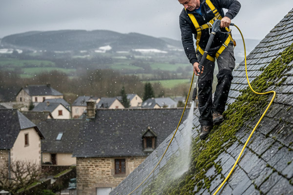 Démoussage de toit et application de traitement hydrofuge